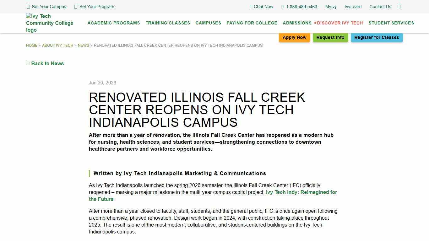 Renovated Illinois Fall Creek Center Reopens on Ivy Tech Indianapolis Campus - Ivy Tech Community College